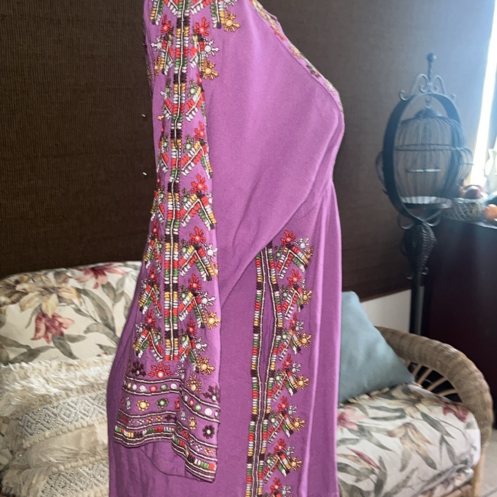 FREE PEOPLE Purple Linen Multicolored Embroidered Tunic Mini Dress Size XS - Picture 8 of 12